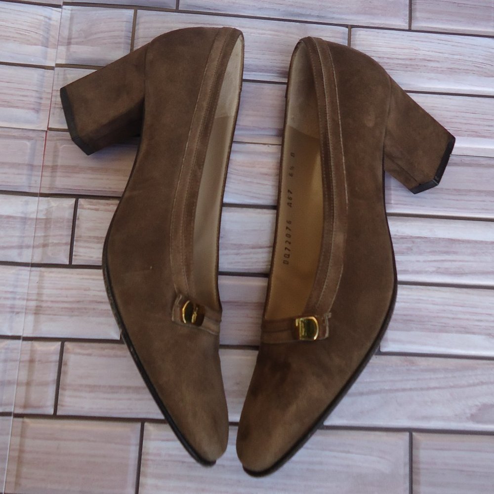 SIZE 6.5 B. Salvatore Ferragamo brown suede leather slip on heels. - Picture 8 of 16